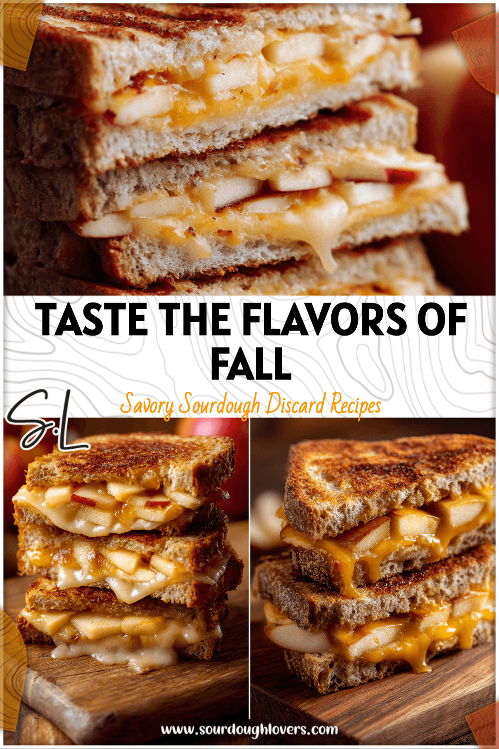 Close-up of warm sourdough apple cheddar panini with melted cheese and apple slices on wooden board. 2026